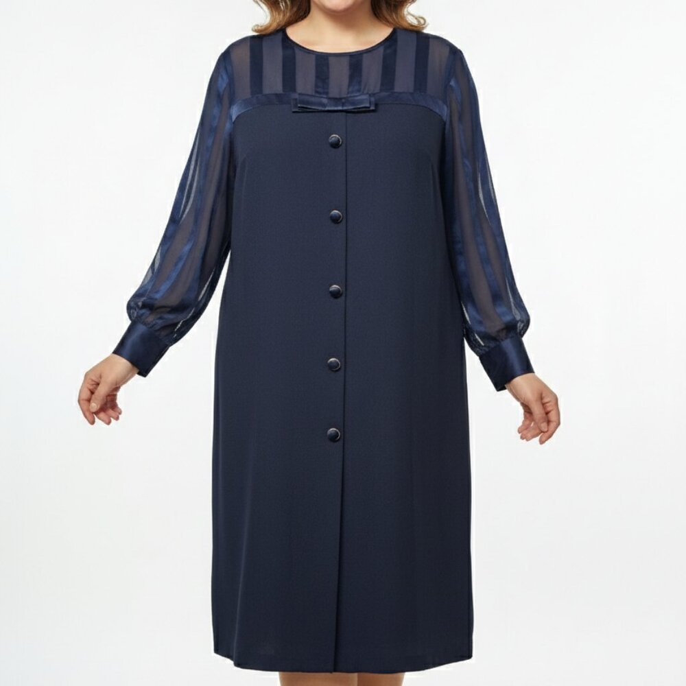 Vintage David Warren I Magnin Dress Navy Blue Shift Stripes Retro 24